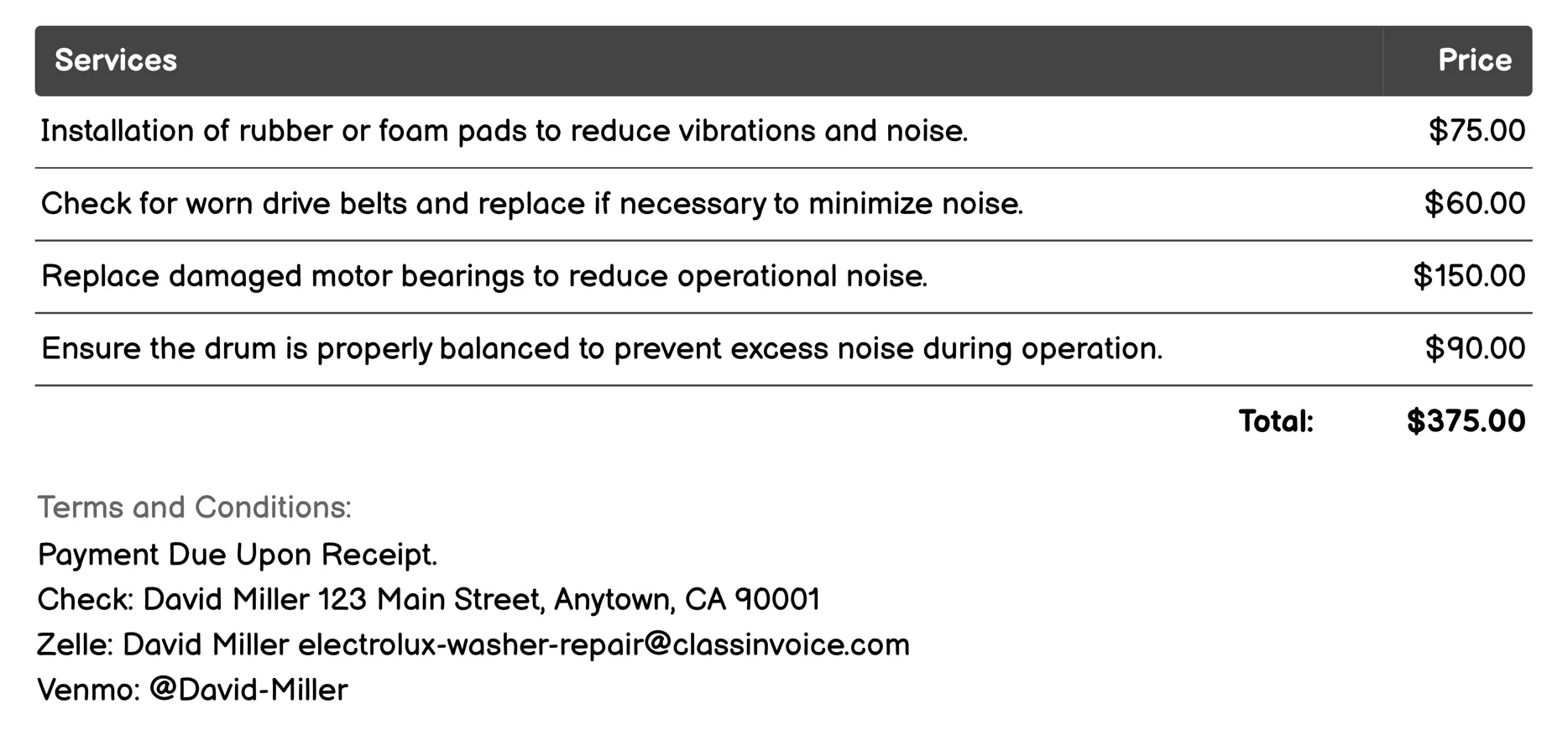 Noise Reduction Solutions Invoice Example