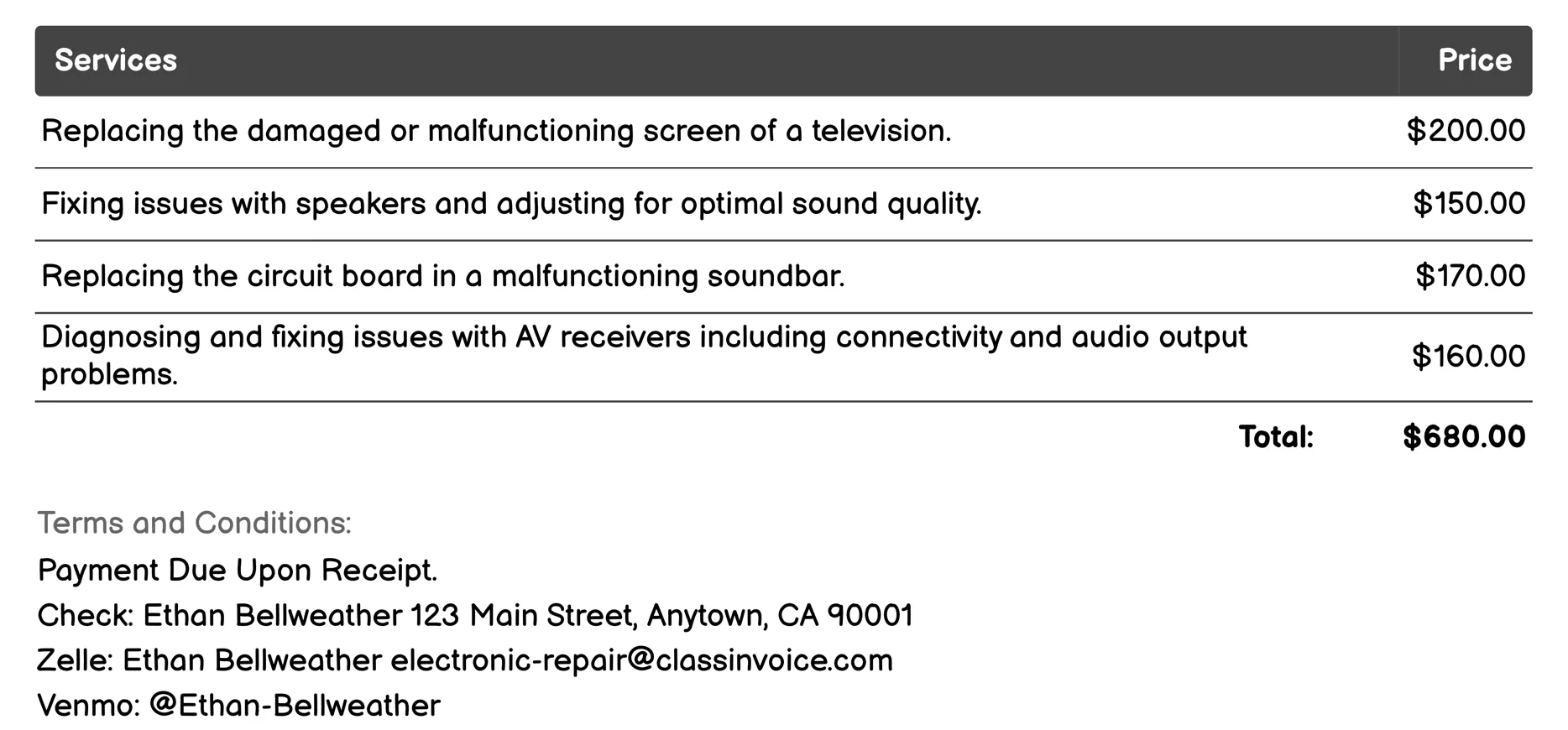 Audio-Visual (AV) Equipment Repair Invoice Example