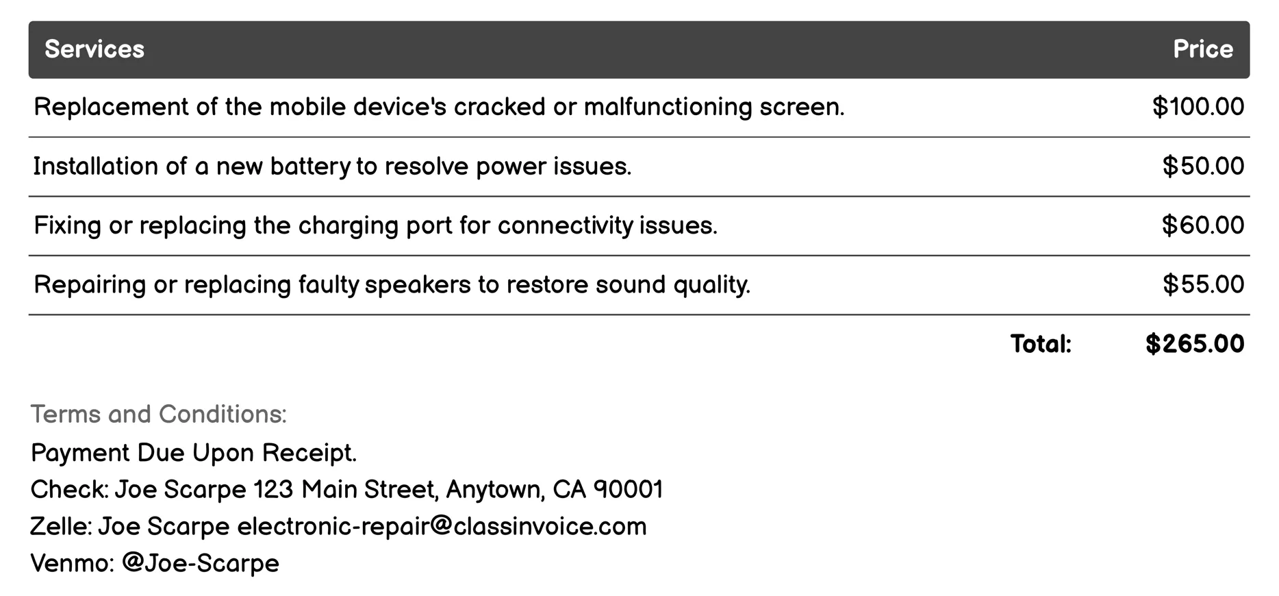 Mobile Device Repair Invoice Example