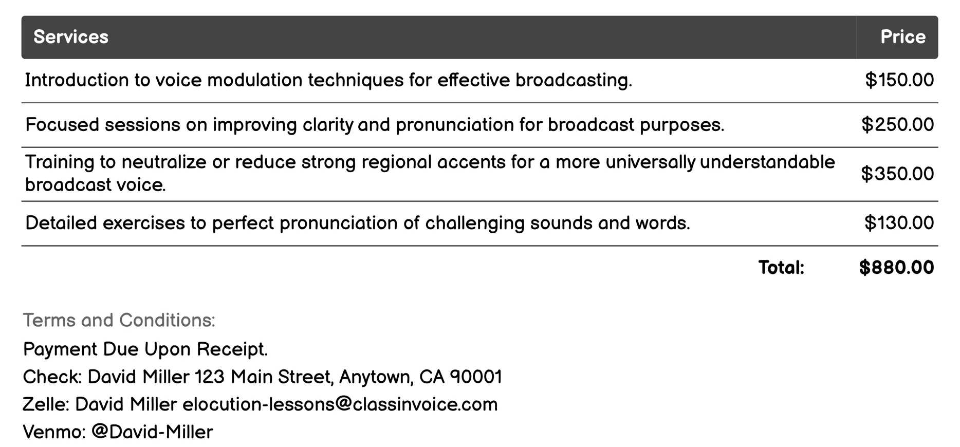 Broadcasting Voice Training Invoice Example