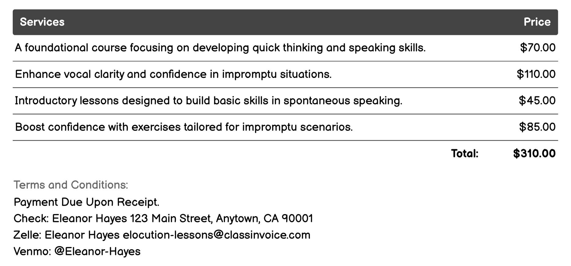Impromptu Speaking Invoice Example