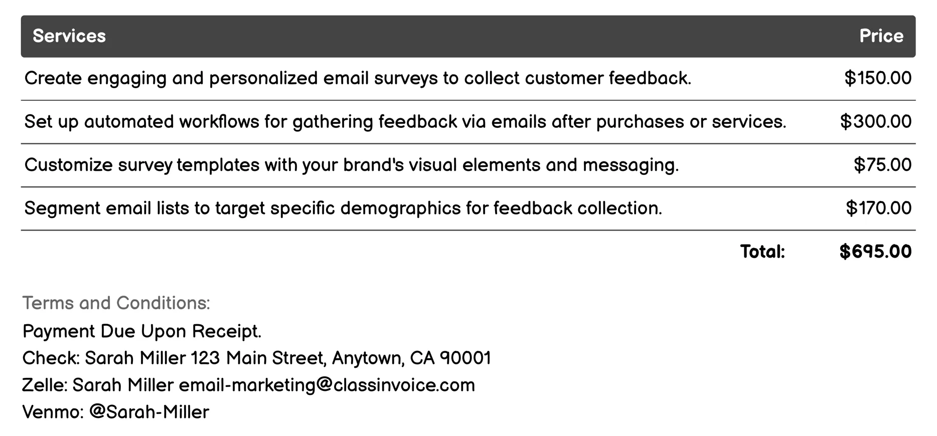 Feedback and Surveys Invoice Example