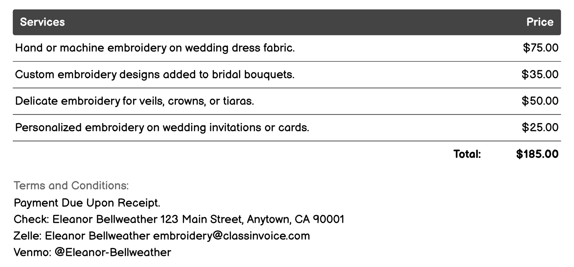 Wedding Embroidery Invoice Example