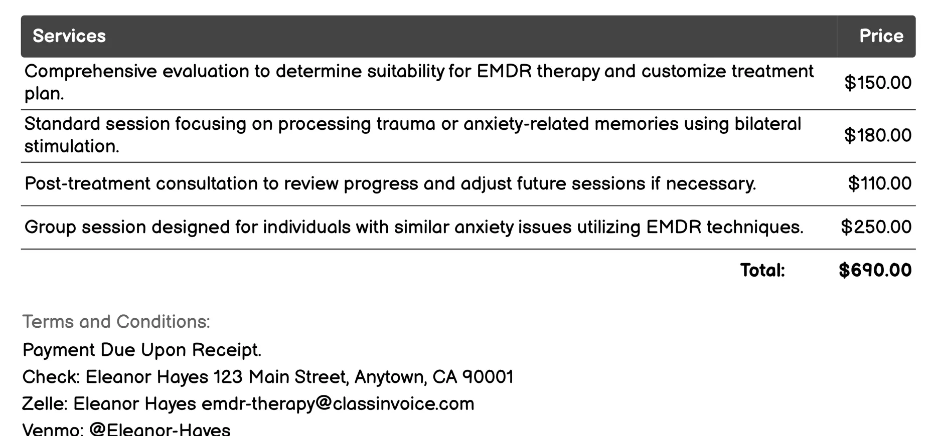 Anxiety Reduction Invoice Example