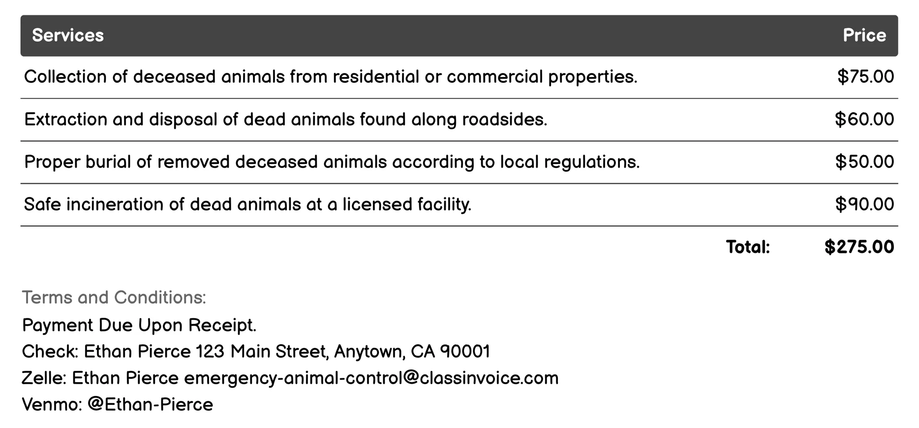 Dead Animal Removal Invoice Example