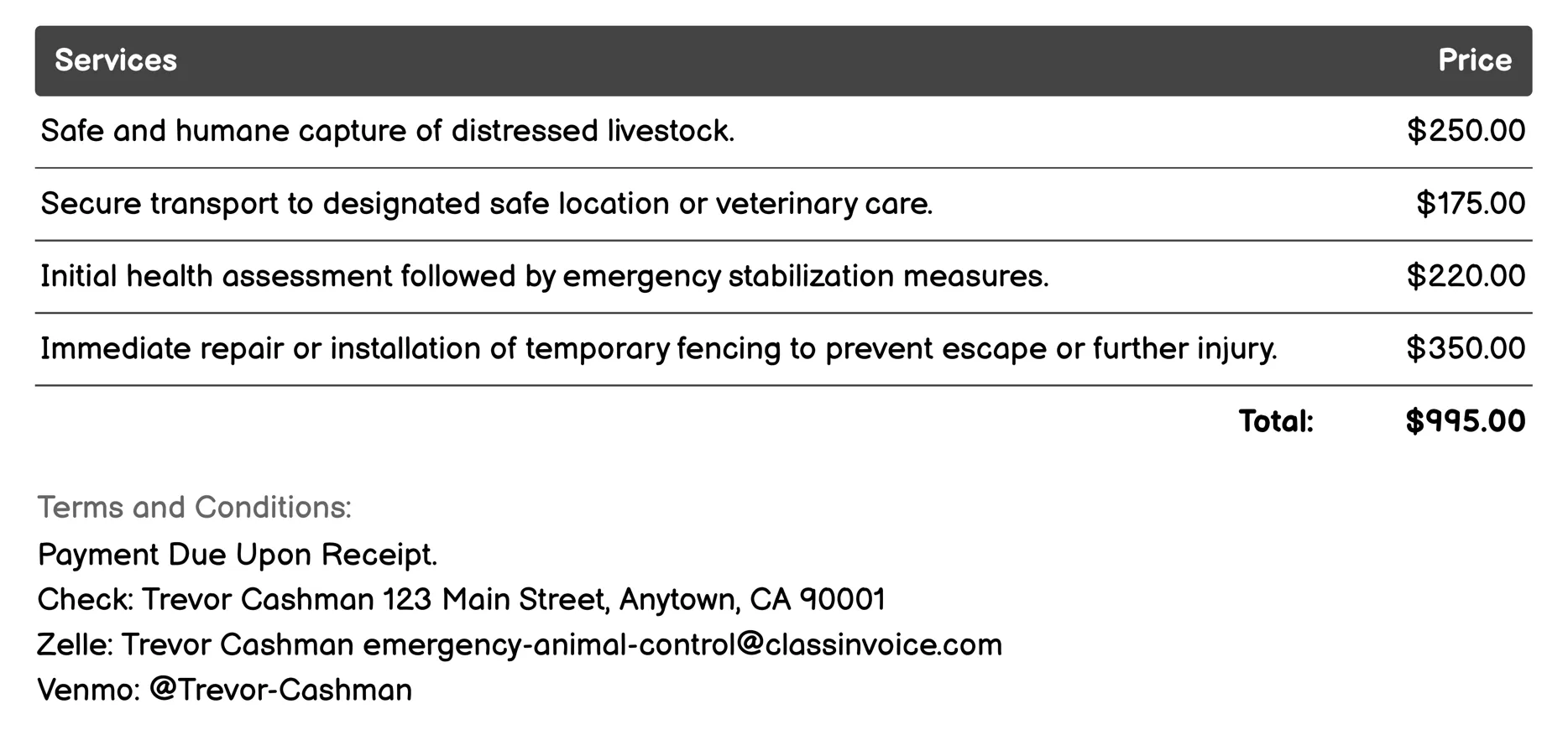 Livestock Rescue Invoice Example