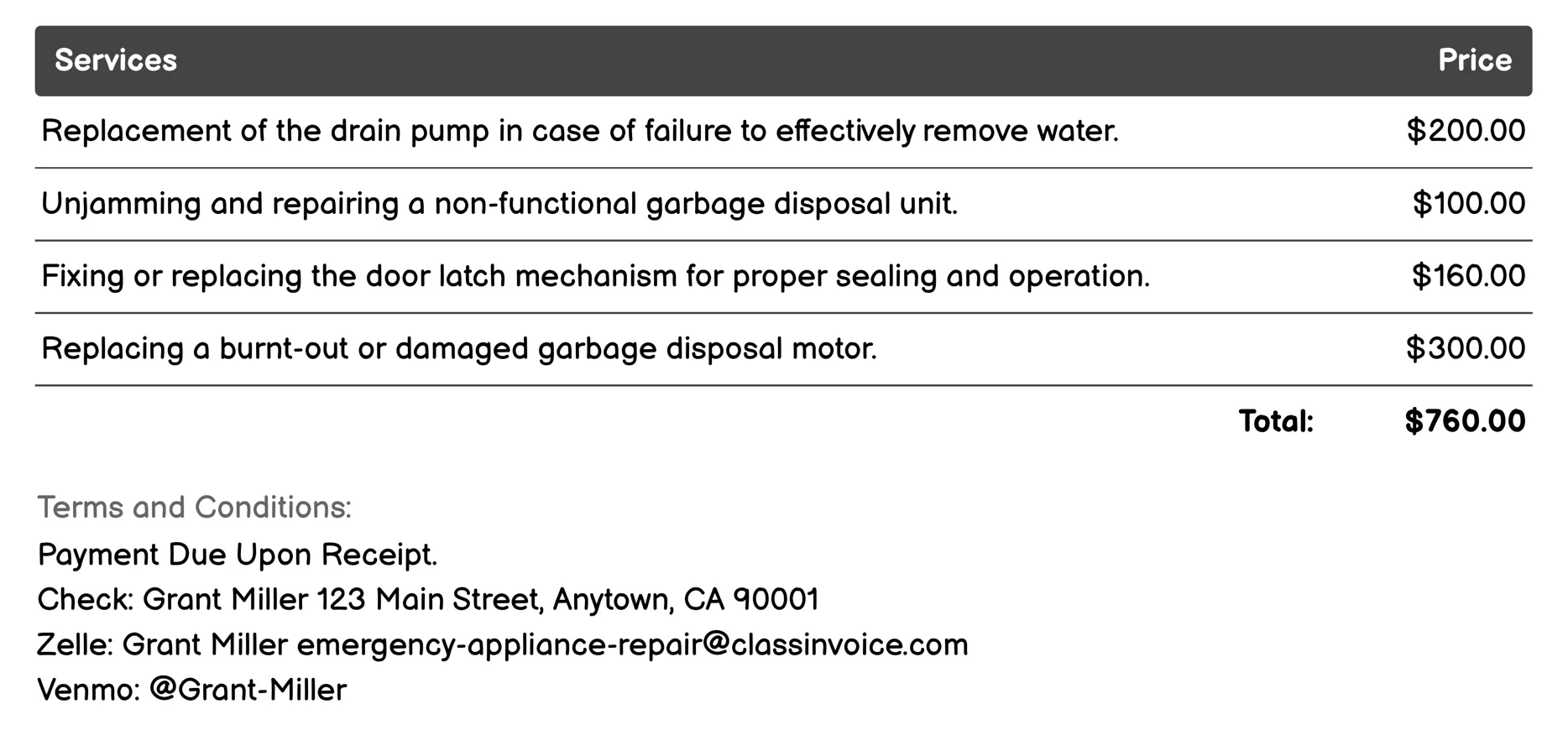 Dishwasher and Garbage Disposal Emergency Repair Invoice Example