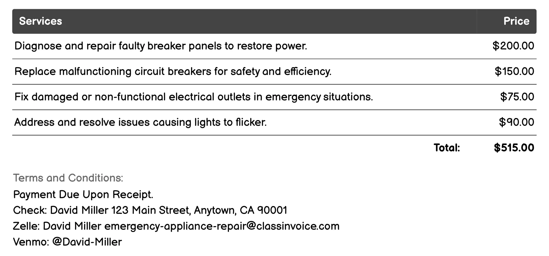 Emergency Electrician Services Invoice Example