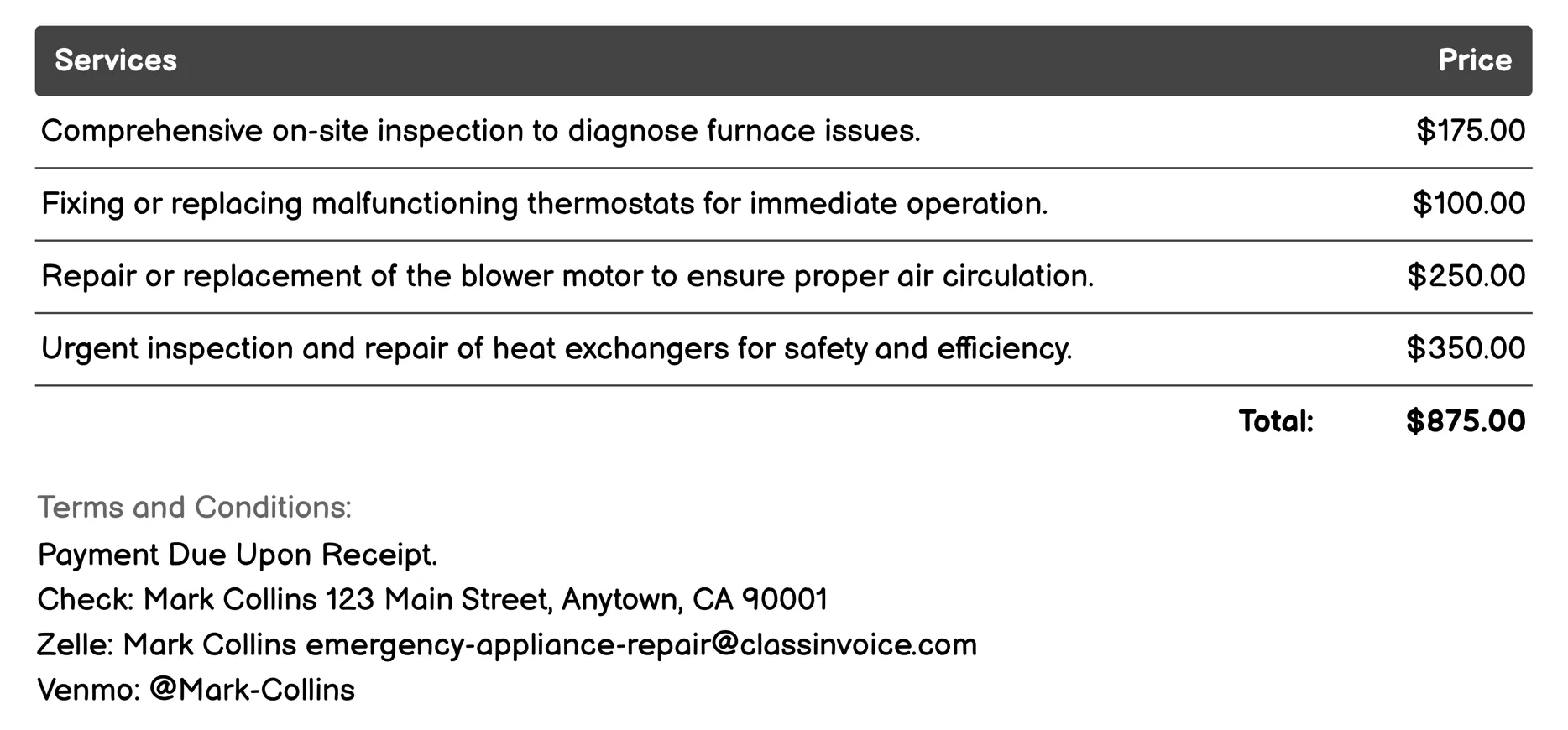 Furnace Repair Services Invoice Example