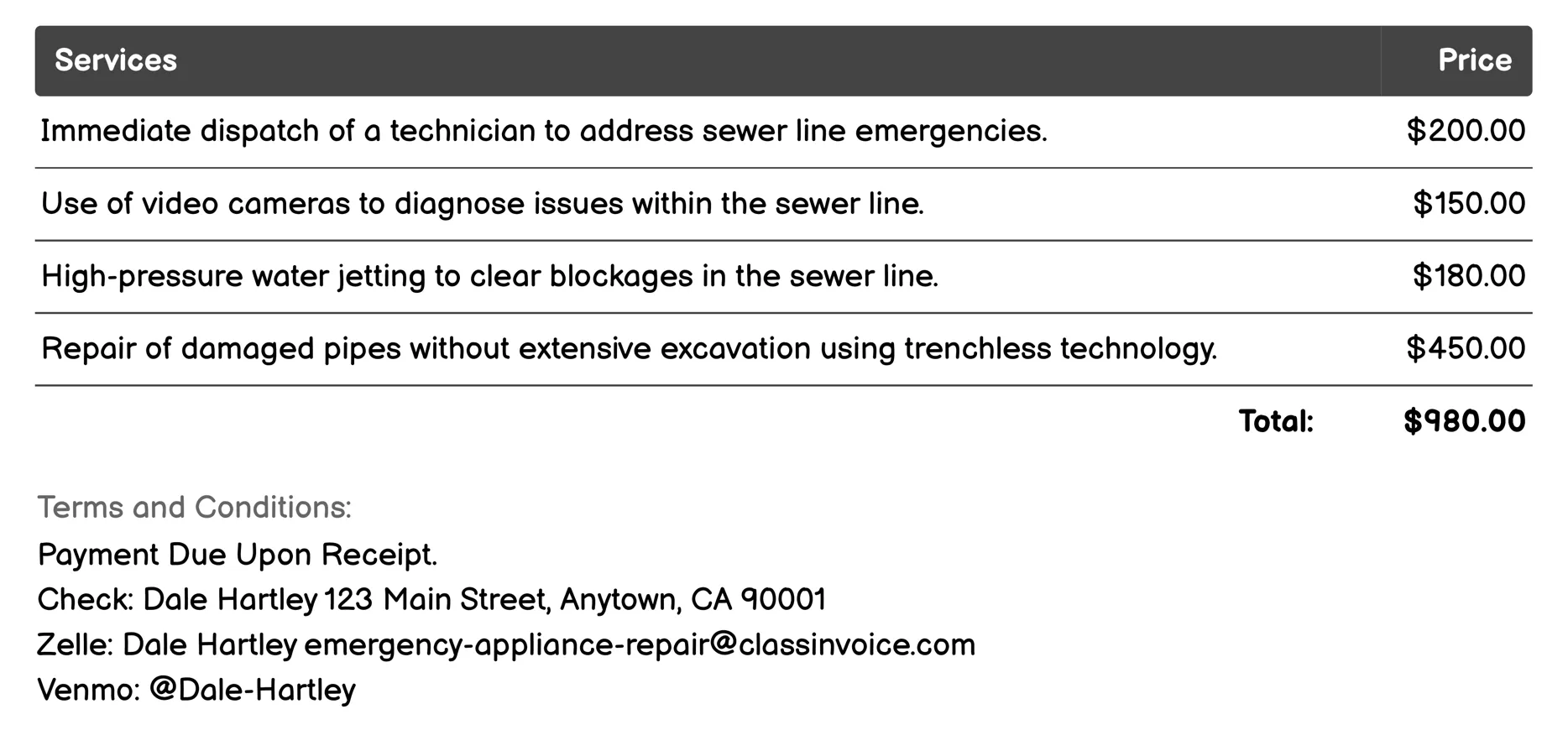 Sewer Line Repair and Cleaning Invoice Example