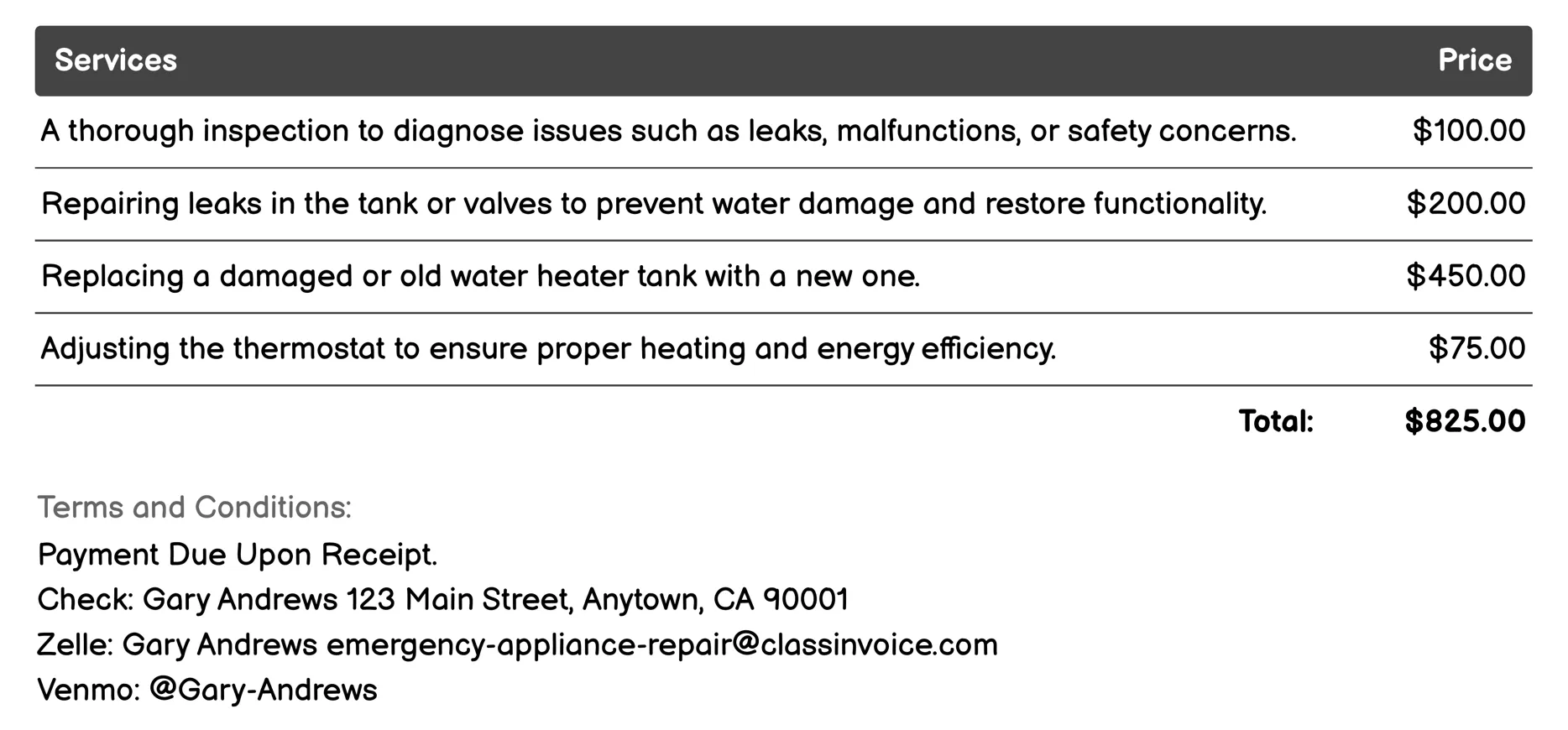 Water Heater Emergency Services Invoice Example