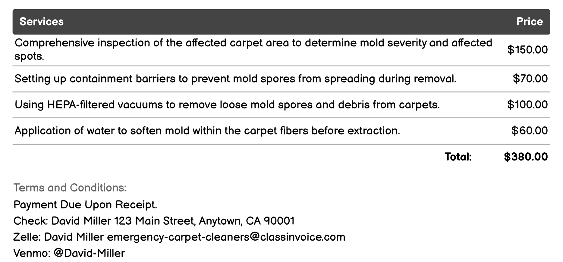 Mold Remediation Invoice Example