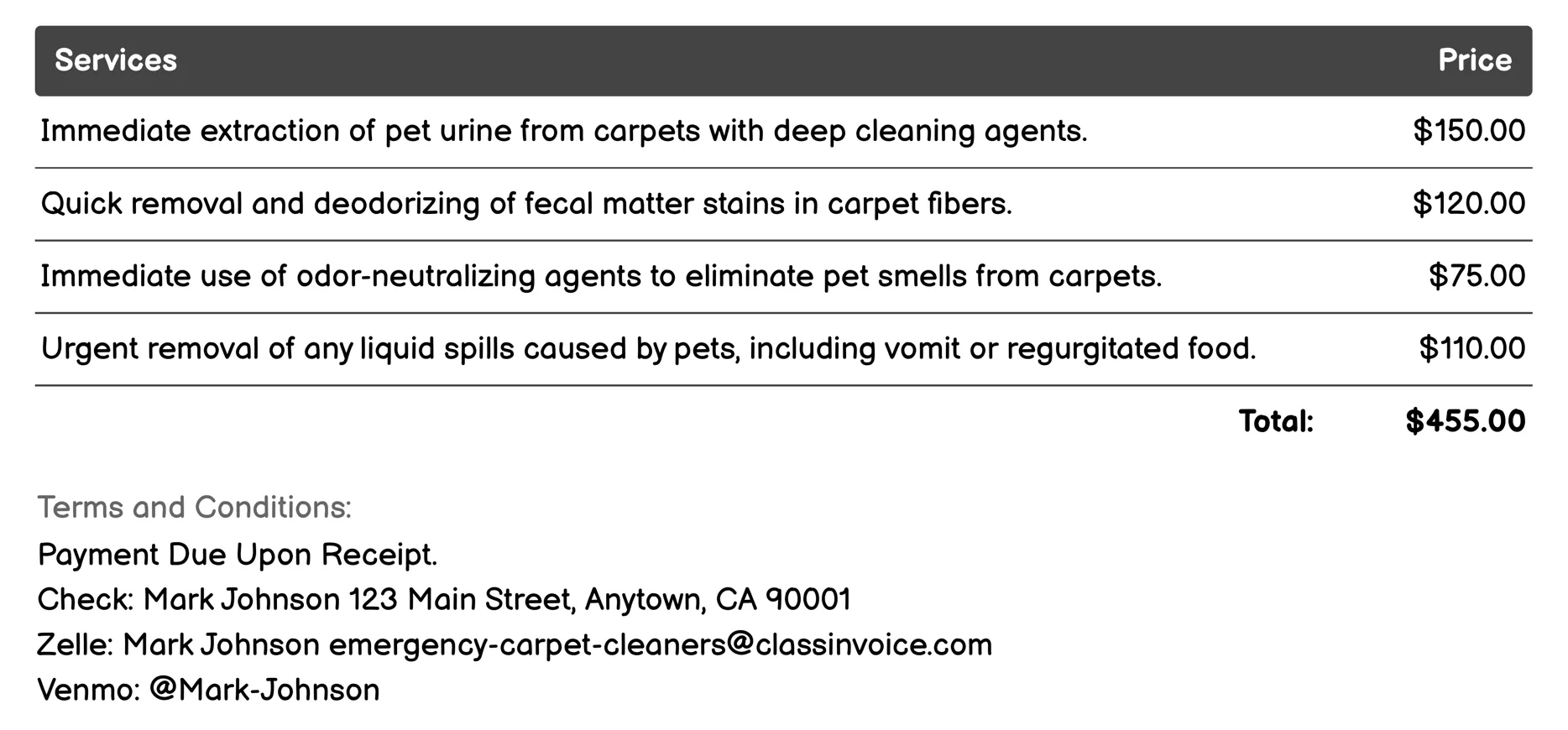 Pet Stain and Odor Elimination Invoice Example