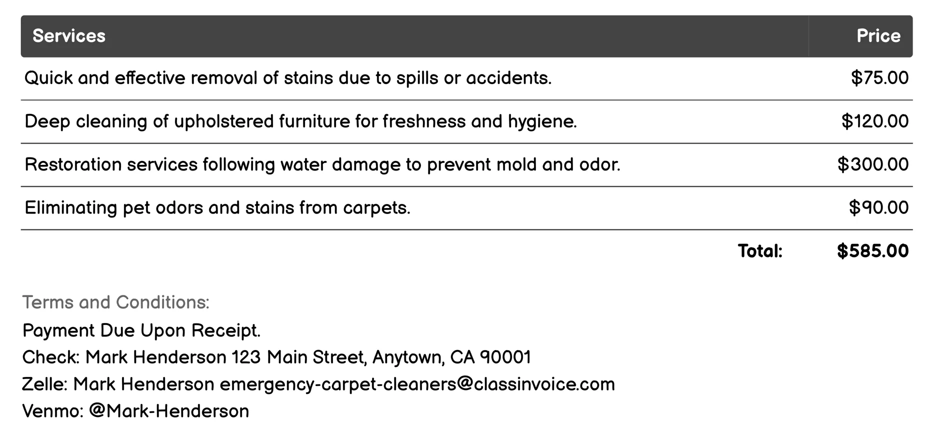 Rug Restoration Invoice Example