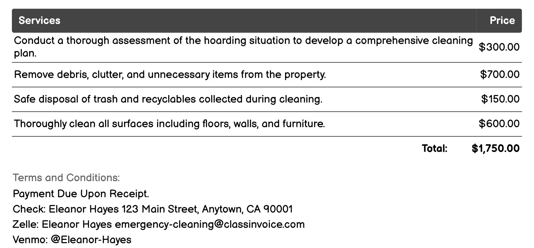 Hoarding Situation Management Invoice Example