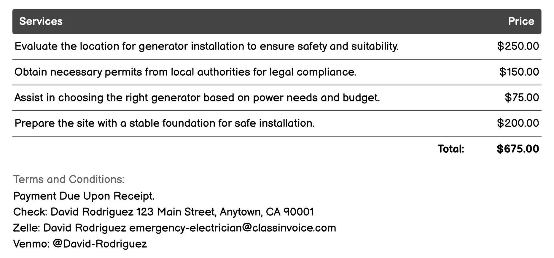 Backup Generator Installation Invoice Example