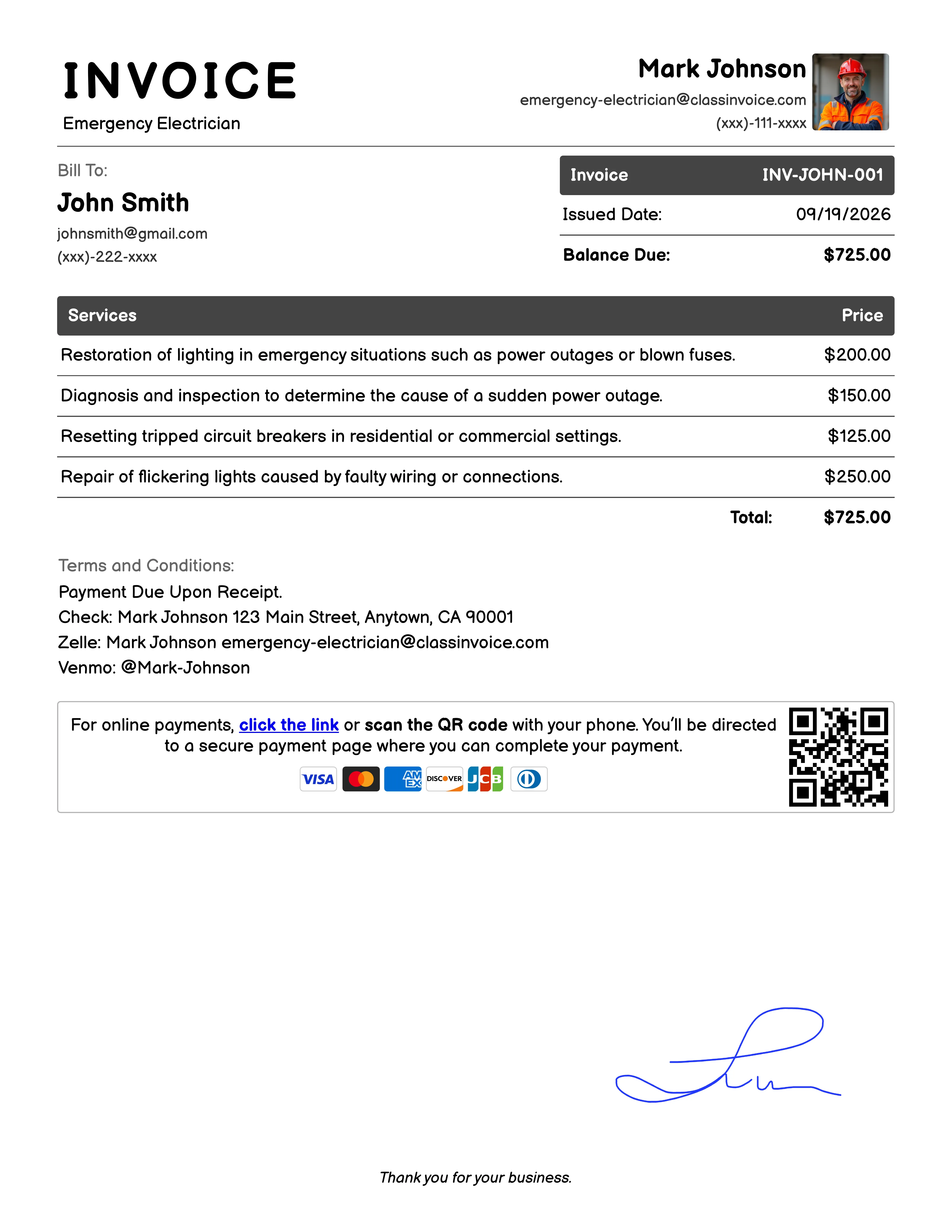 Emergency Electrician Invoice Example