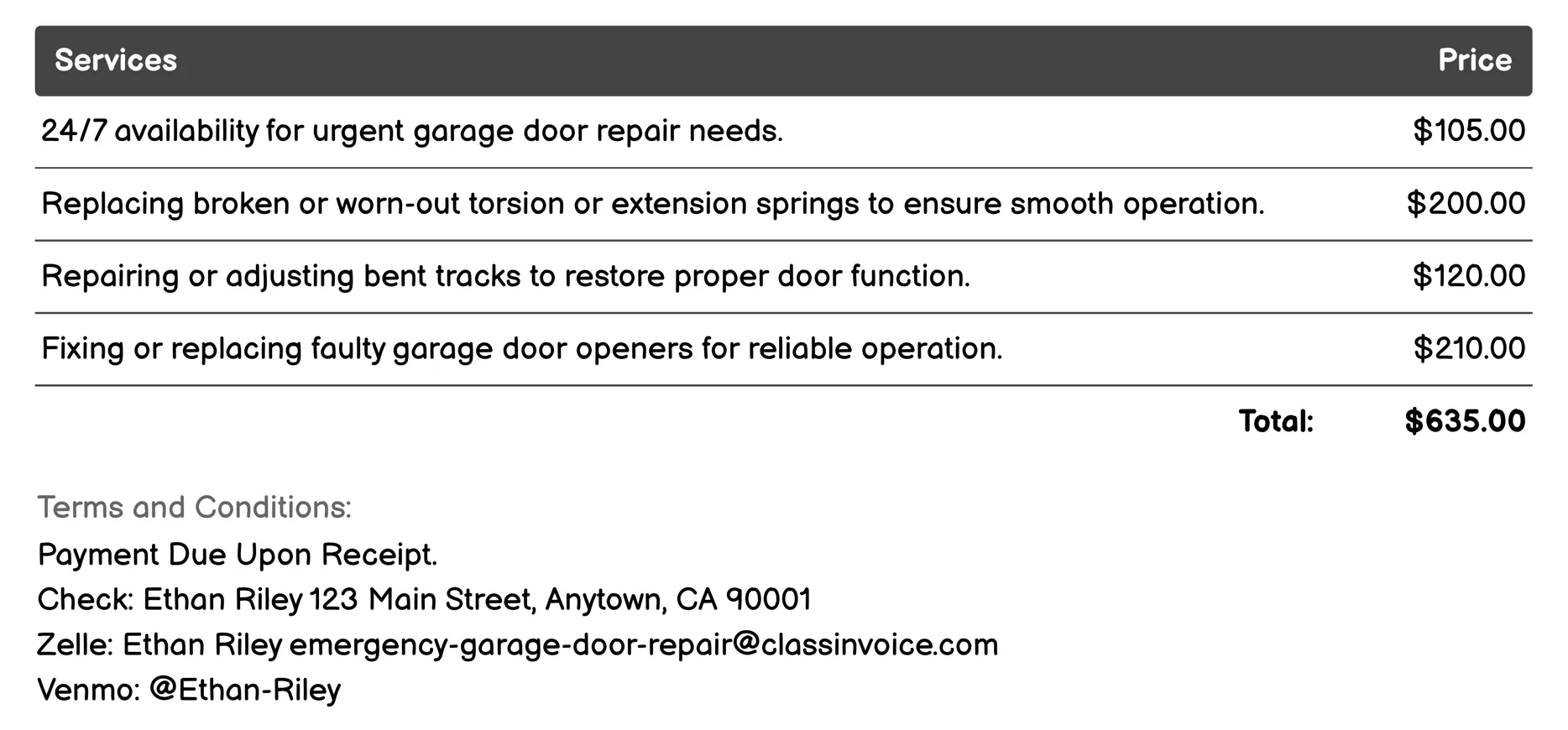 24/7 Emergency Repairs Invoice Example