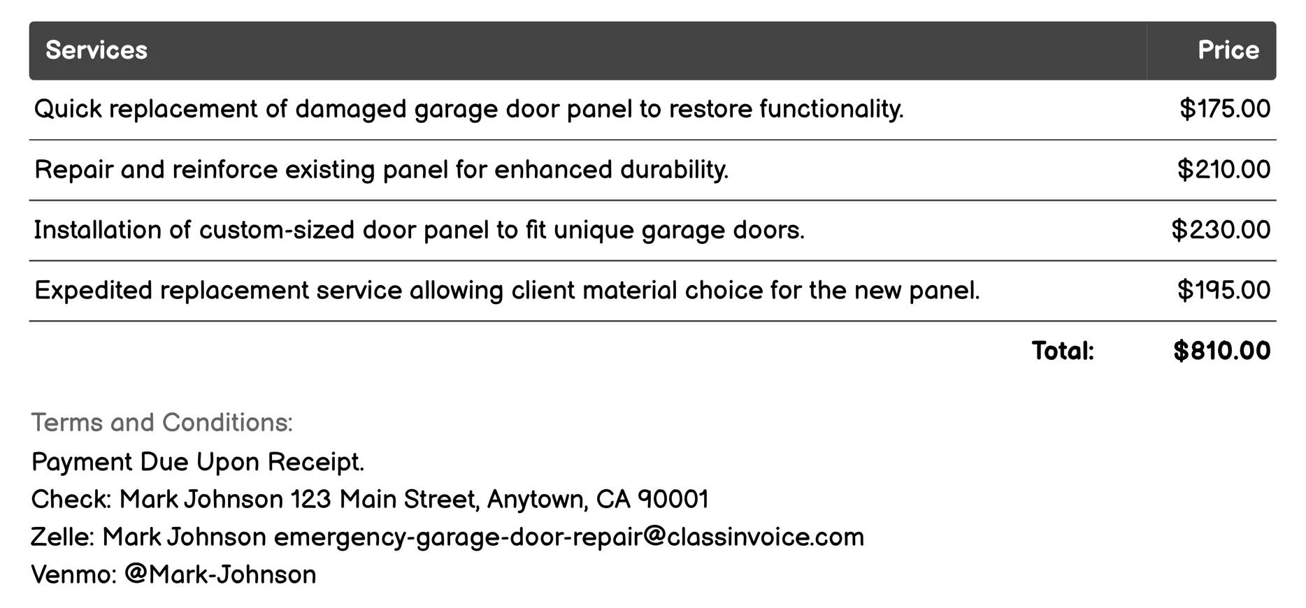 Door Panel Replacement Invoice Example