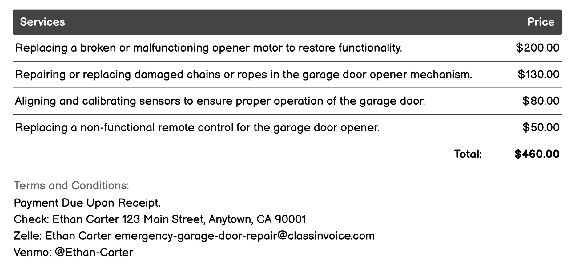 Opener Repair Invoice Example