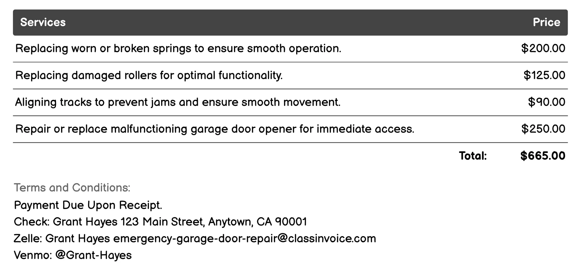 Roller Repair Invoice Example