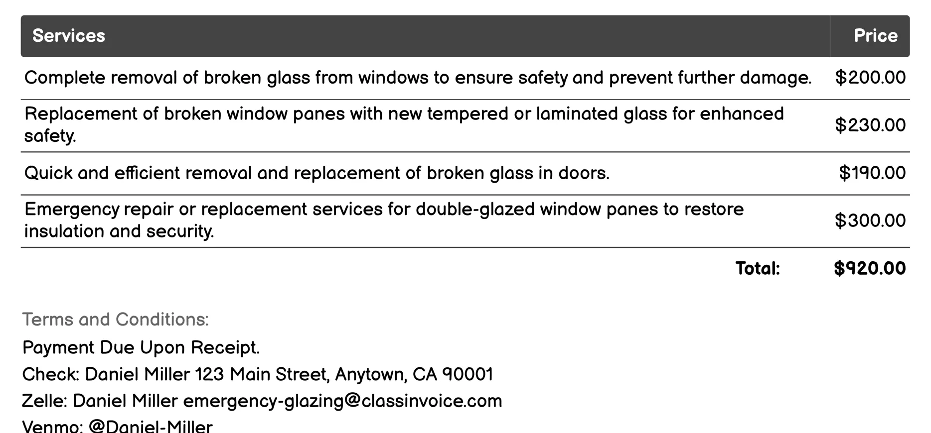 Broken Glass Removal Invoice Example