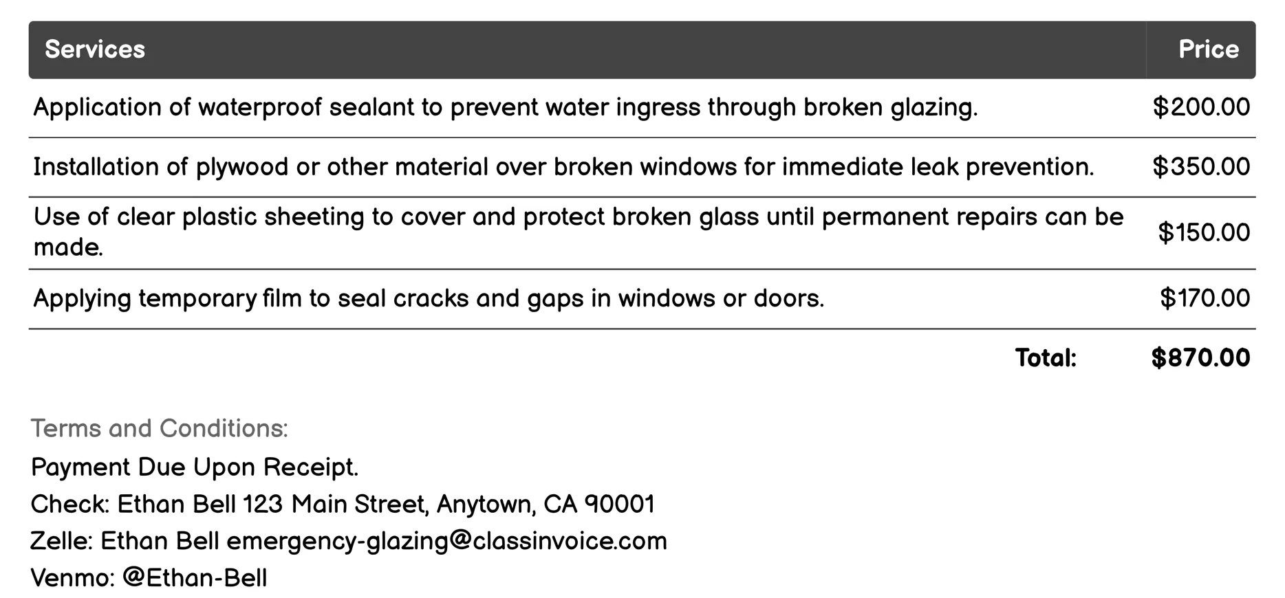 Leak Prevention Invoice Example