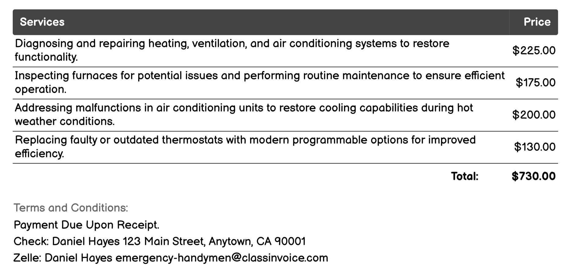 Heating and Air Conditioning Invoice Example