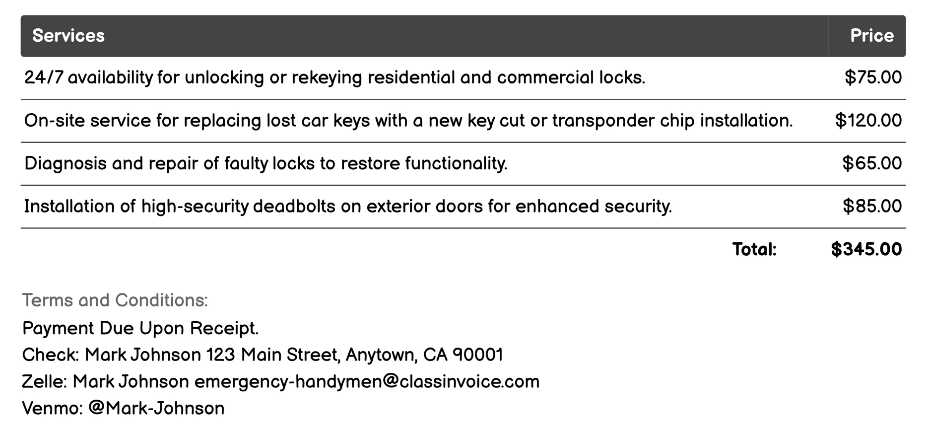 Locksmith Services Invoice Example