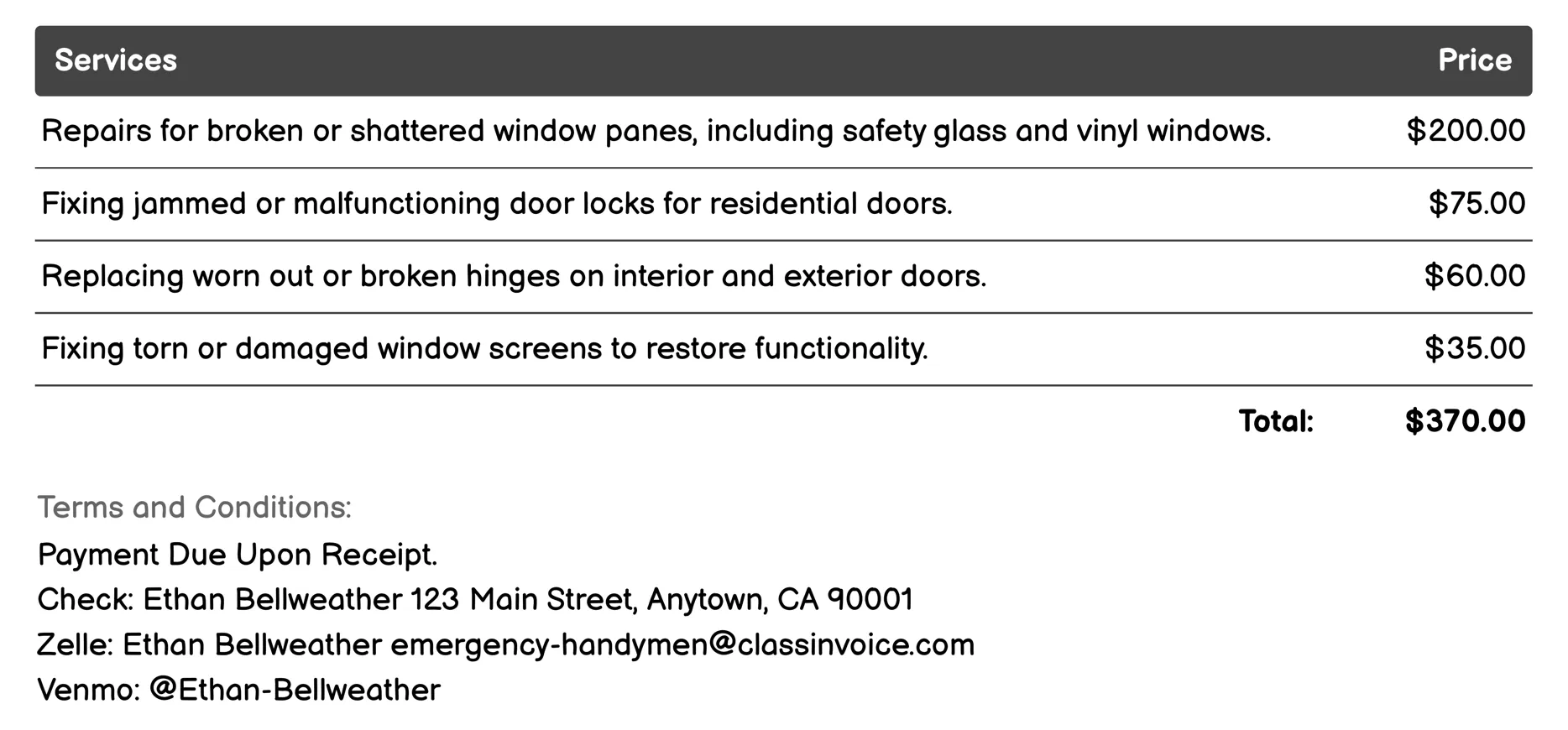 Window and Door Repair Invoice Example