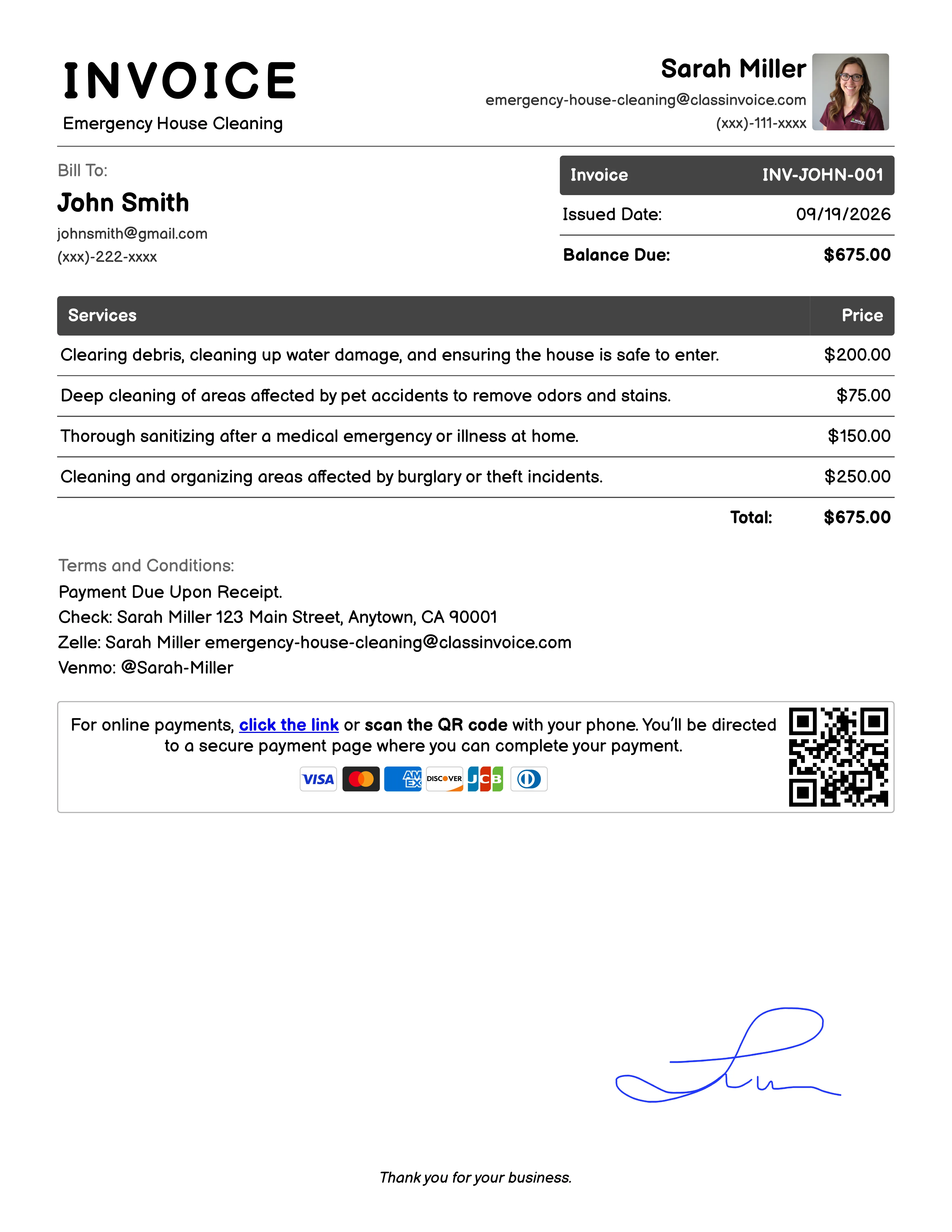 Emergency House Cleaning Invoice Example
