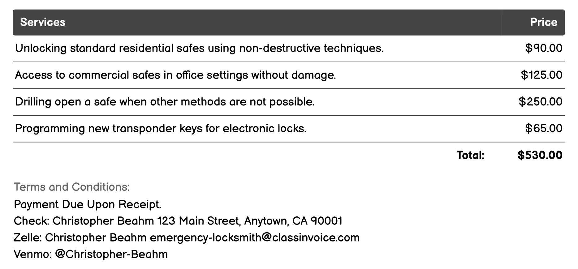 Safe Unlocking Service Invoice Example