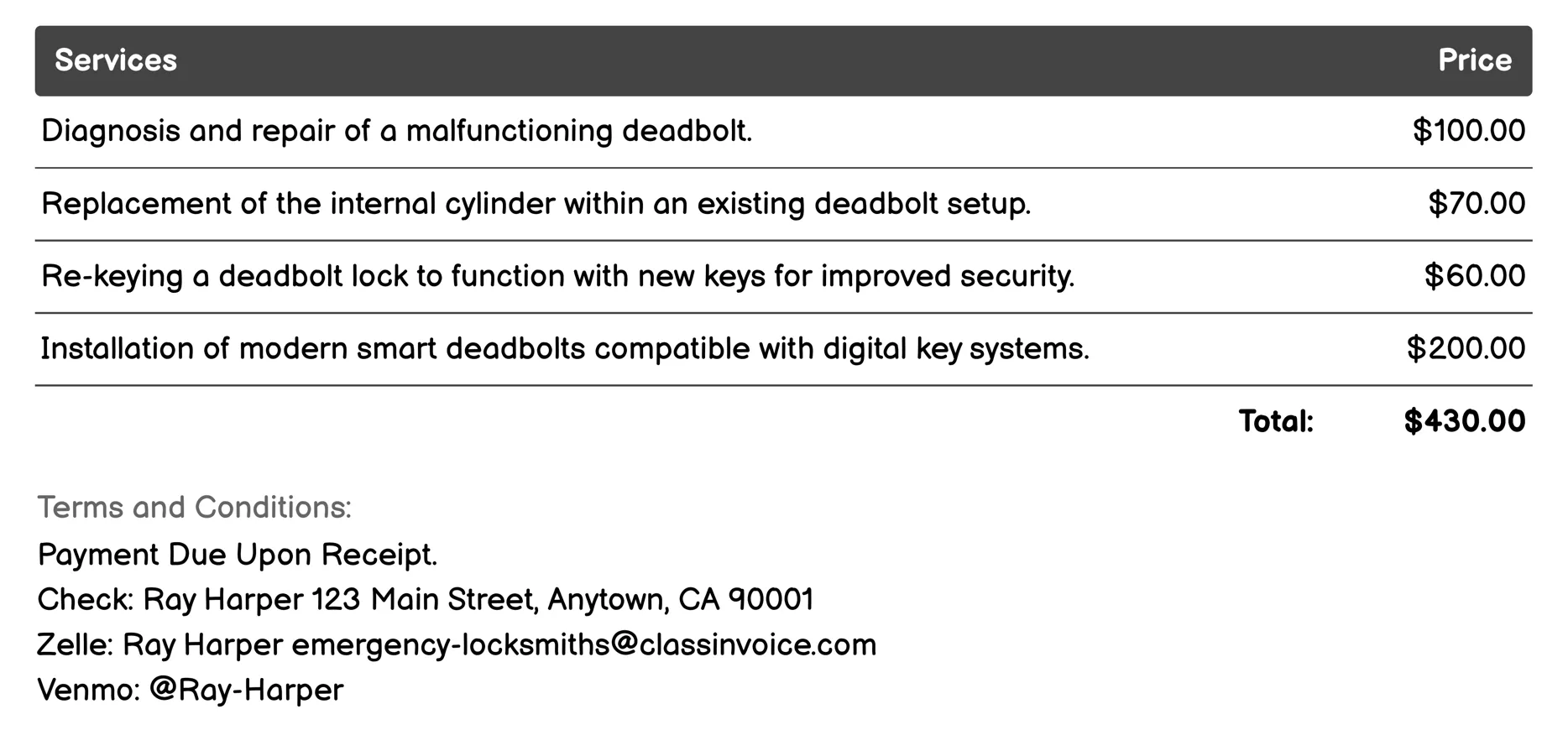 Deadbolt Repair or Replacement Invoice Example