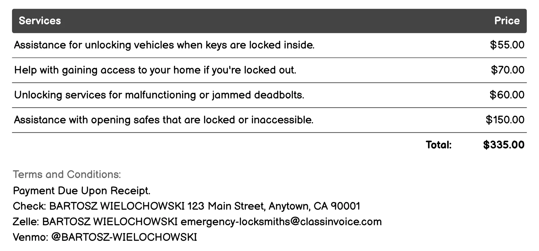 Lockout Assistance Invoice Example
