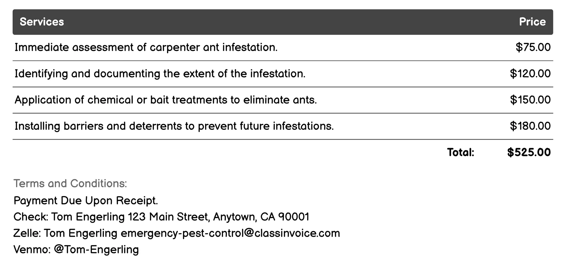 Carpenter Ant Removal Invoice Example