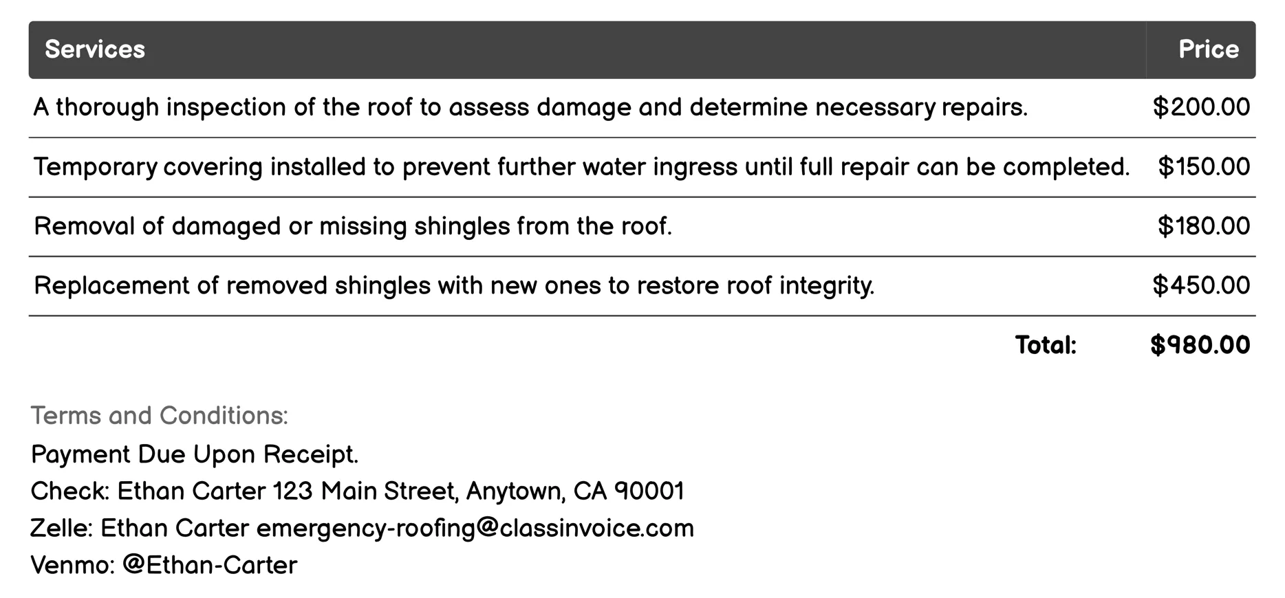 Emergency Shingle Replacement Invoice Example