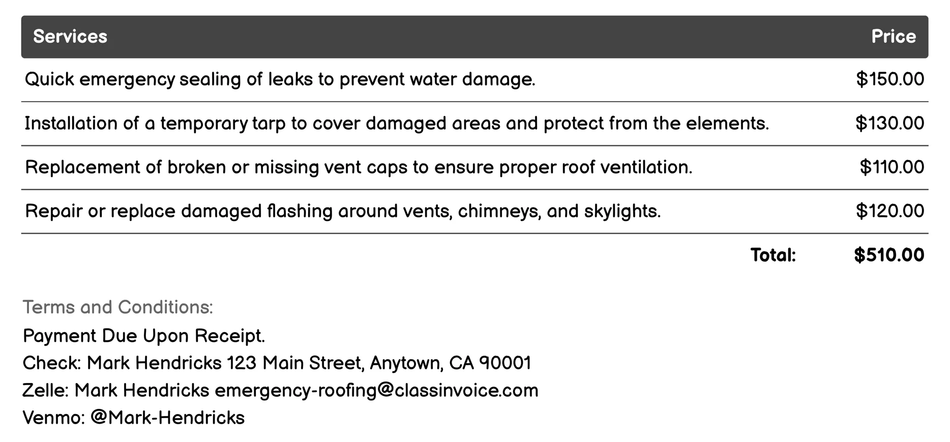 Roof Ventilation Repair Invoice Example