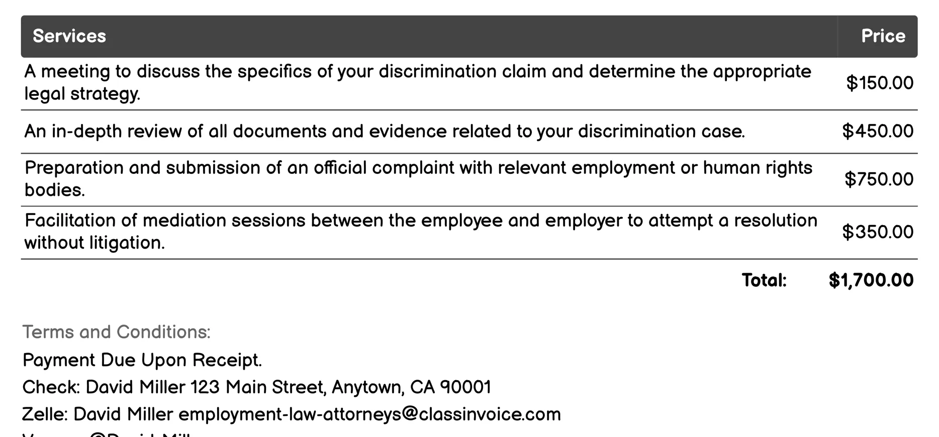 Discrimination Claims Representation Invoice Example