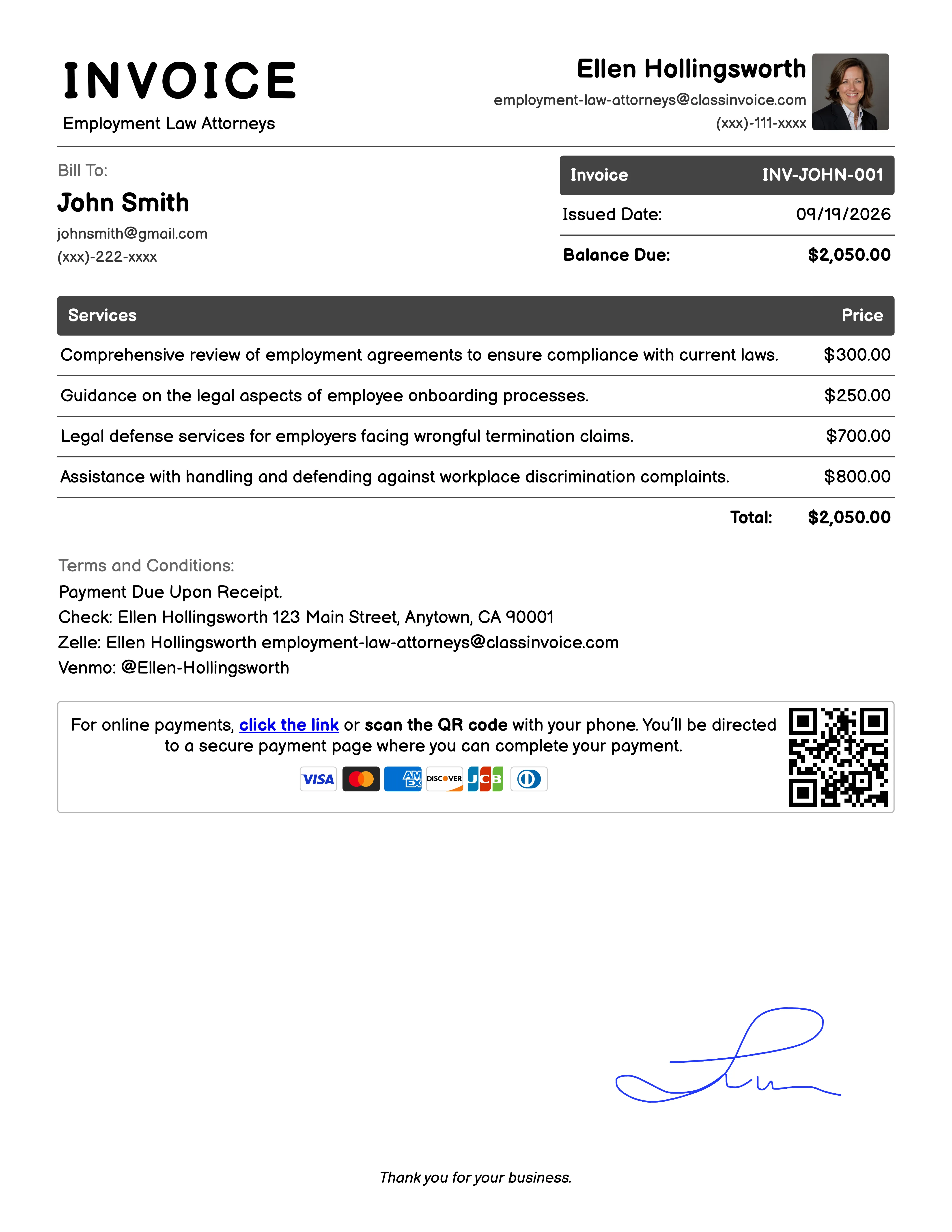 Employment Law Attorneys Invoice Example