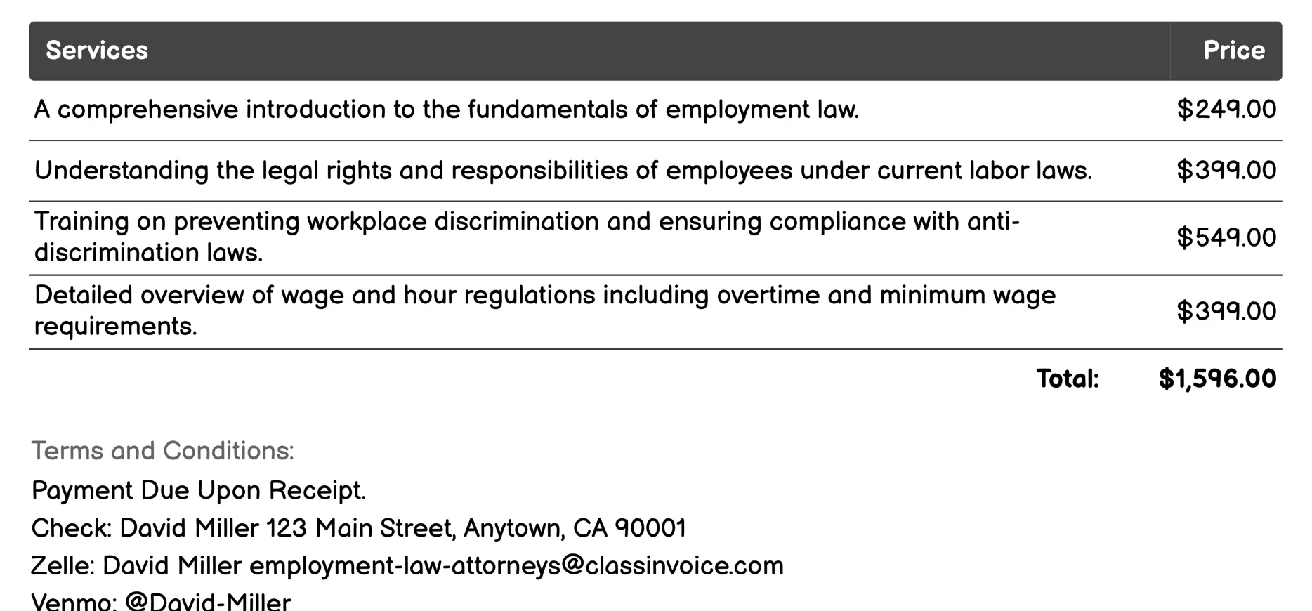 Labor Law Compliance Training Invoice Example