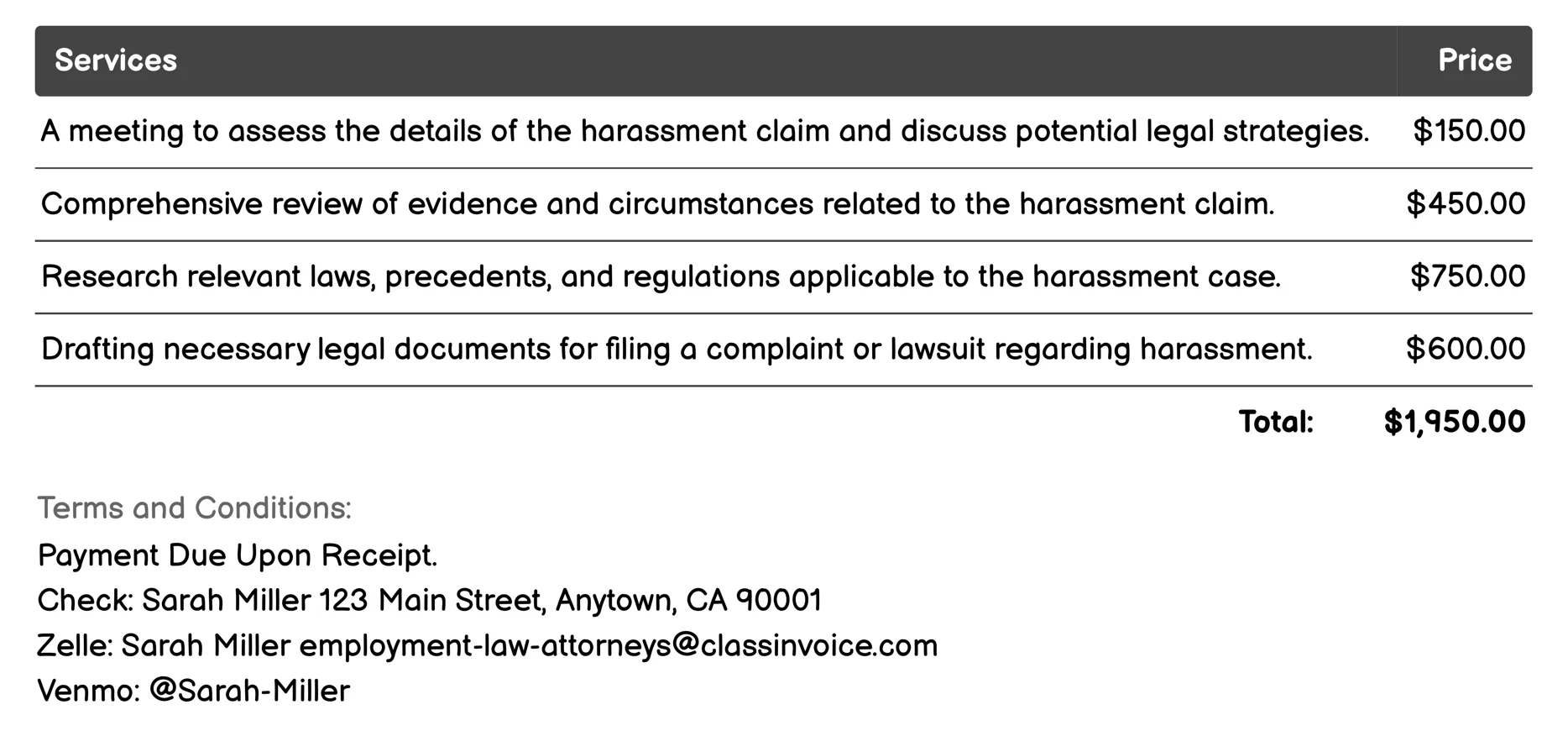Workplace Harassment Claims Invoice Example