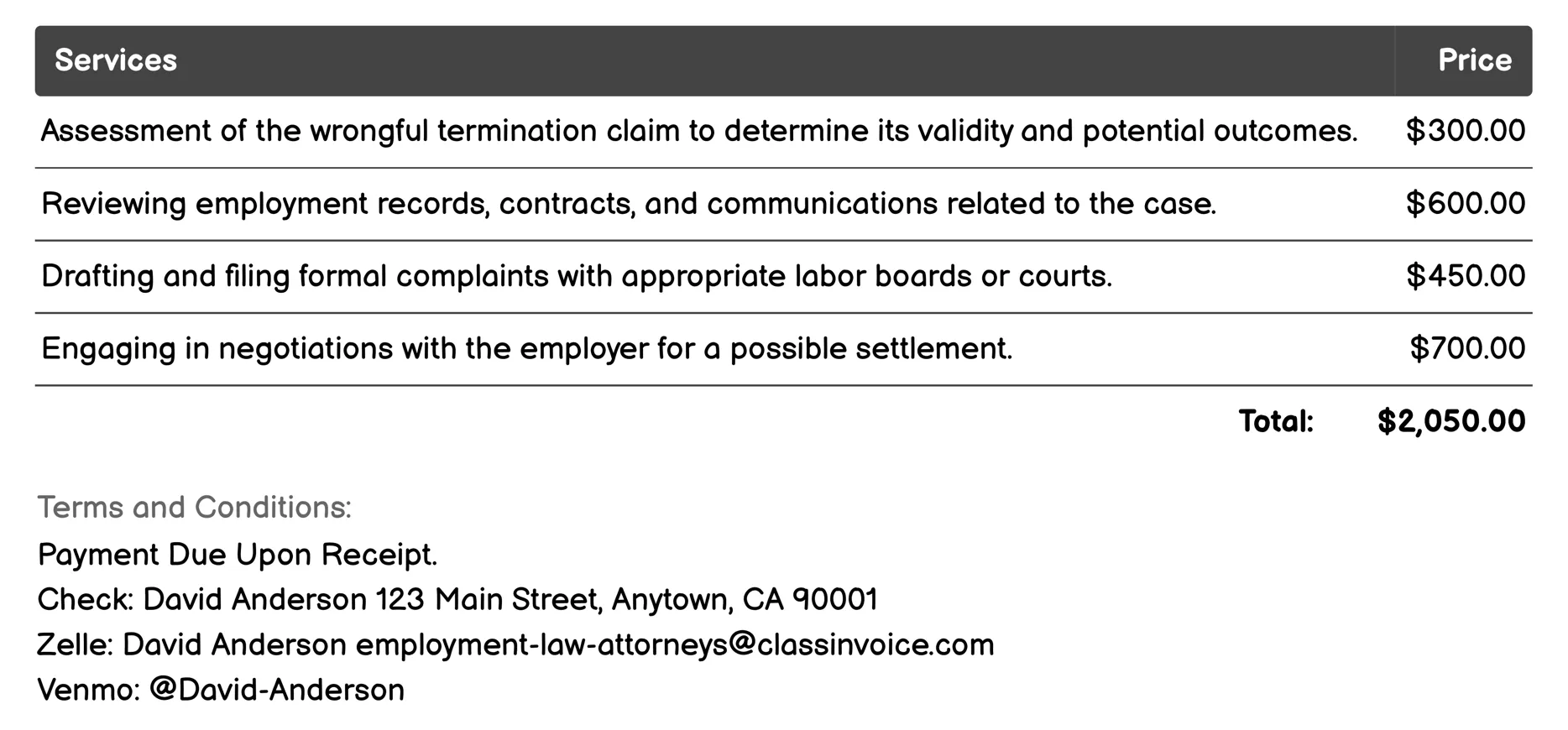 Wrongful Termination Cases Invoice Example