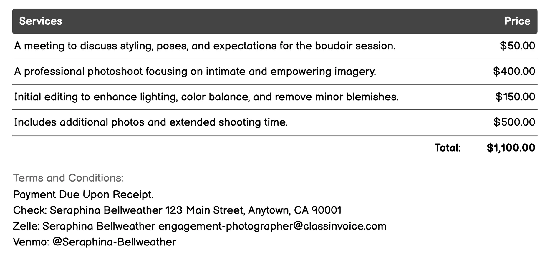 Boudoir Photography Invoice Example