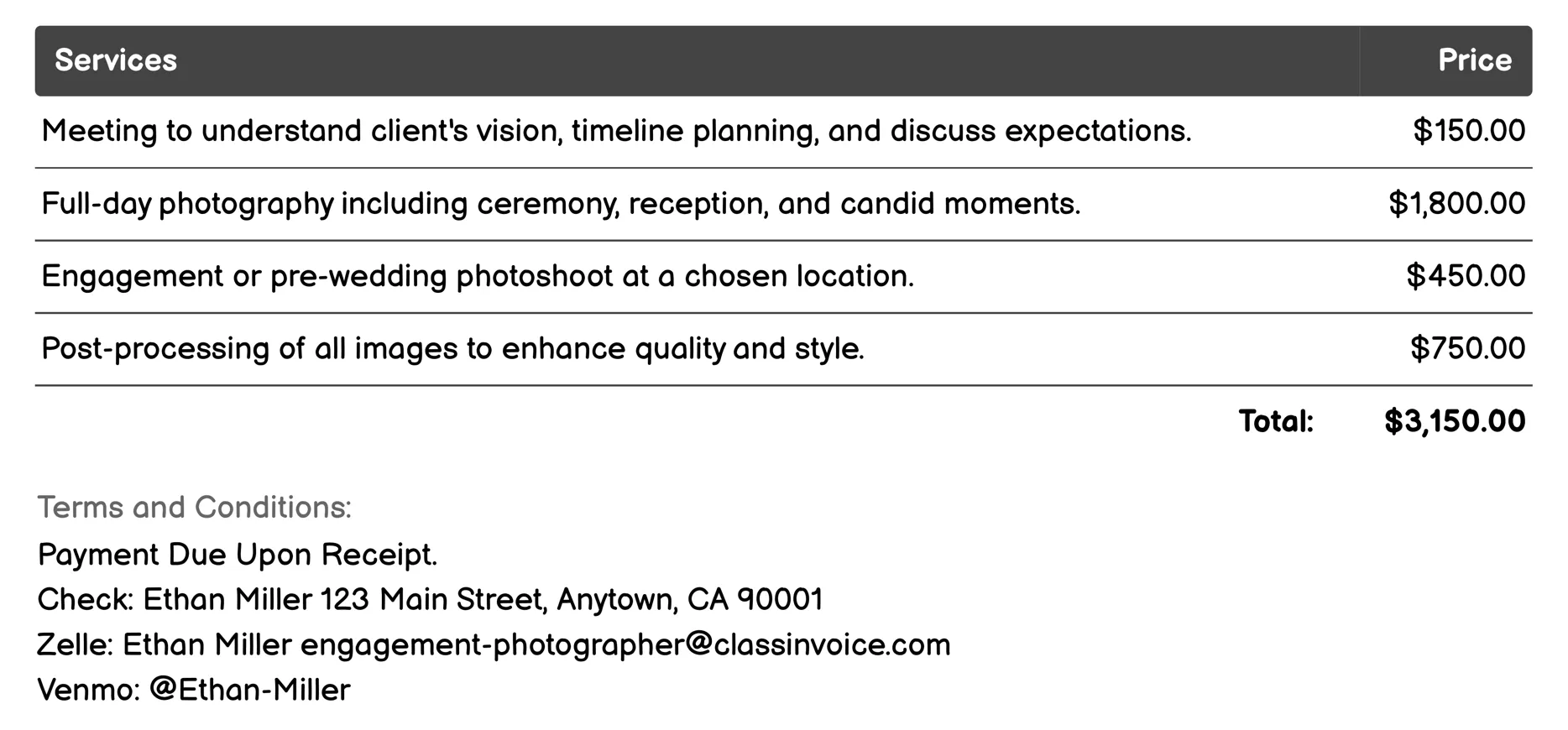 Destination Weddings Invoice Example