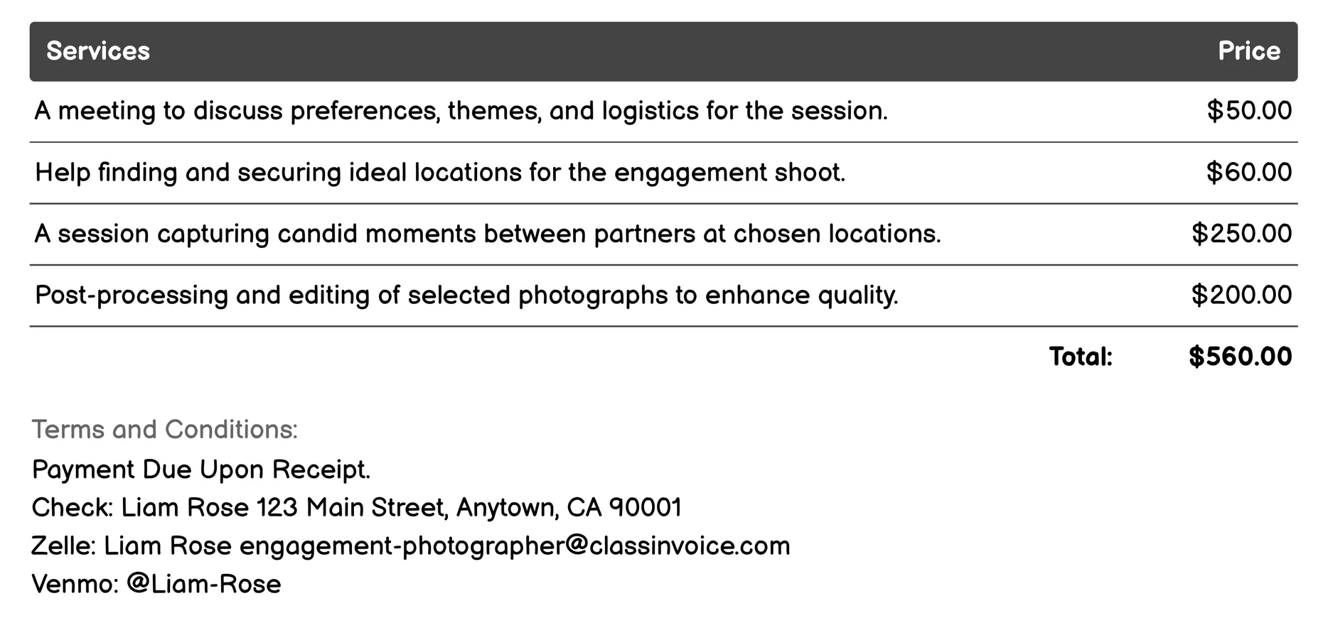 Engagement Sessions Invoice Example