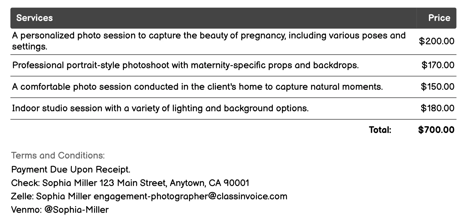 Maternity Photography Invoice Example