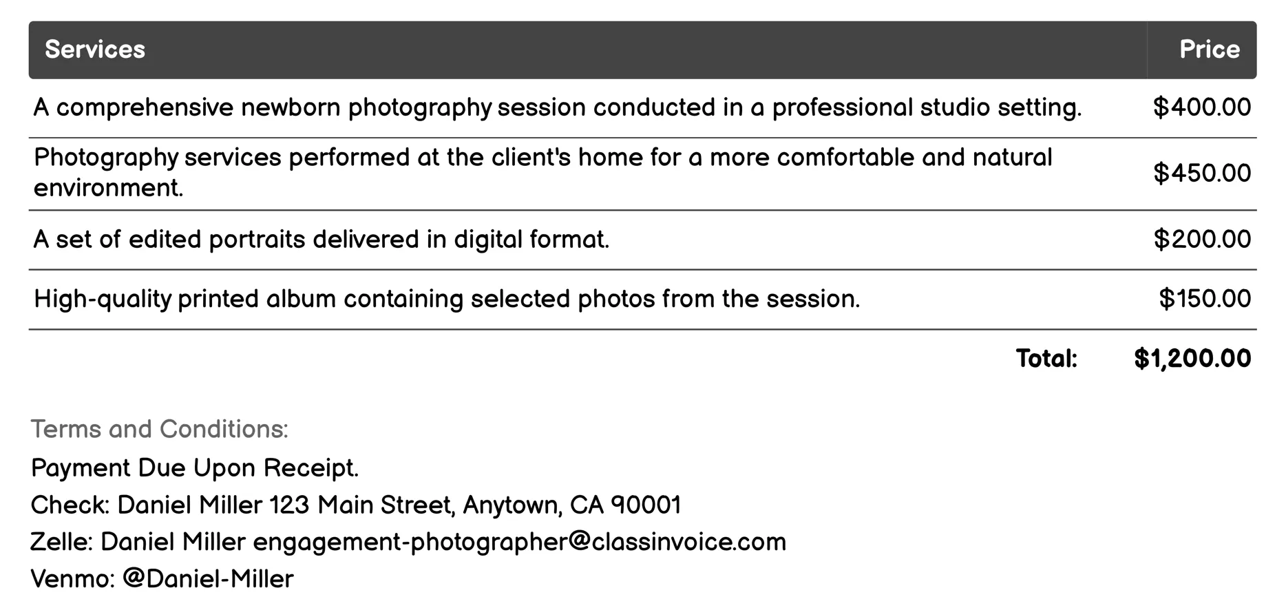 Newborn Photography Invoice Example