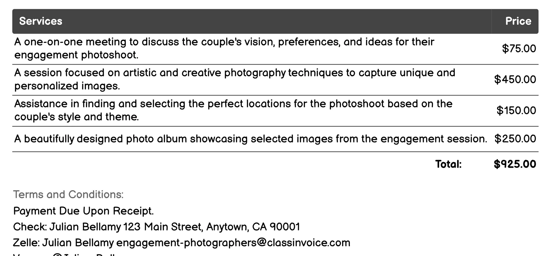 Creative or Artistic Photography Invoice Example