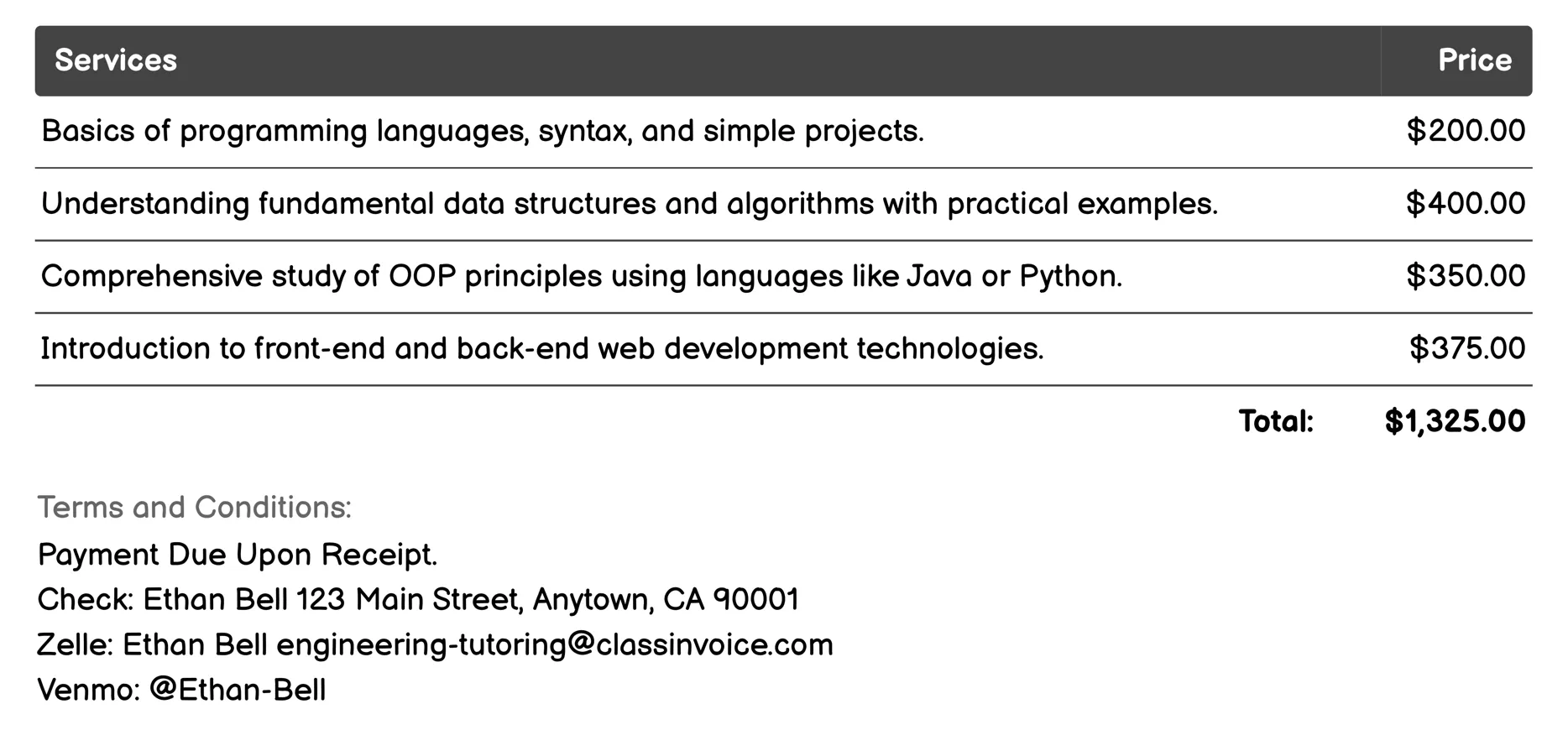 Programming Tutoring Invoice Example