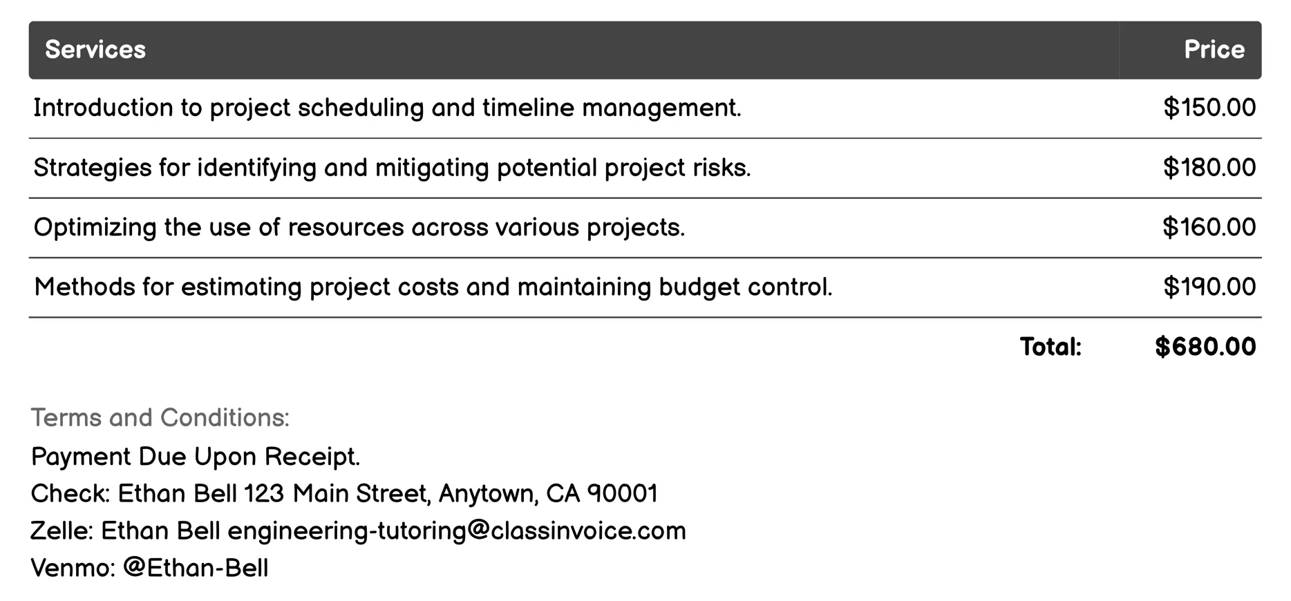 Project Management Tutoring Invoice Example